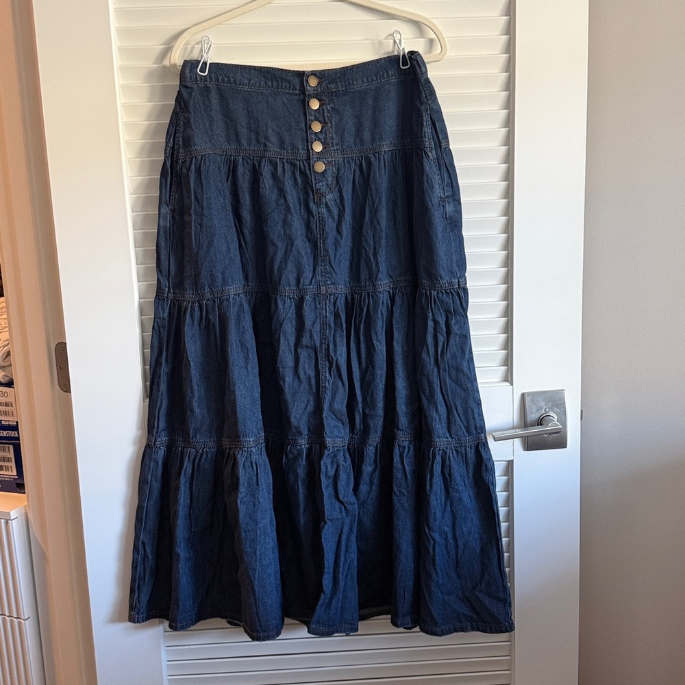 Cider Dark Blue Tiered Button-Front Maxi Skirt